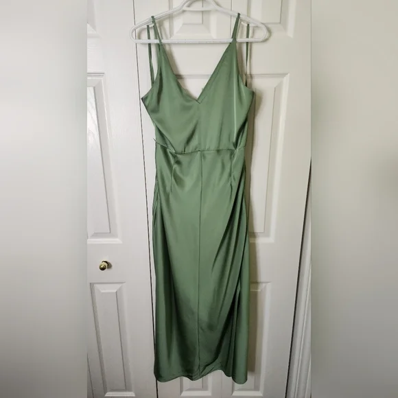 RW&Co NWT Satin Midi Cocktail Dress with Removable Flower Sash in Shale Green 12 - Picture 8 of 15